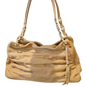 COLE HAAN Ruched Pebble leather top zip East West Shoulder Bag Beige w gold hw